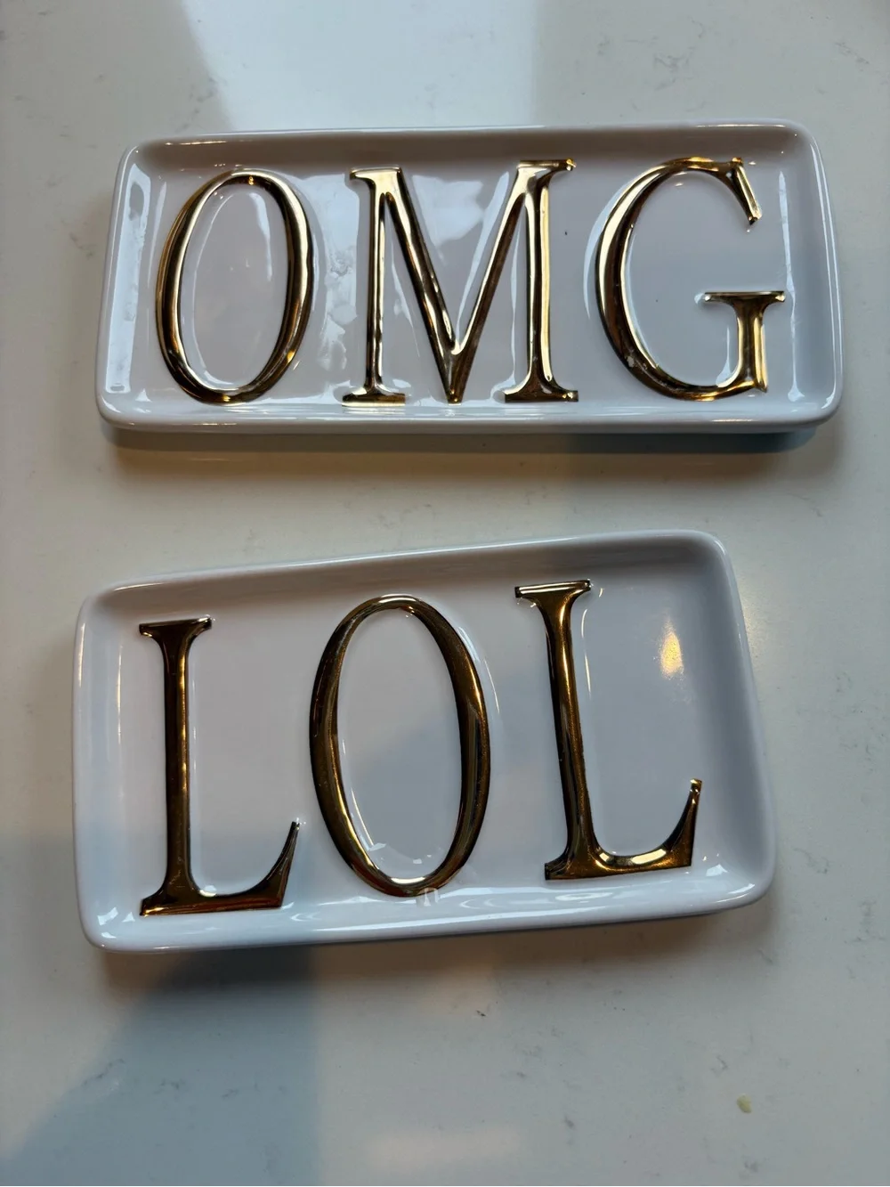 Pottery Barn White Ceramic Trinket Trays with Gold Lettering - OMG & LOL